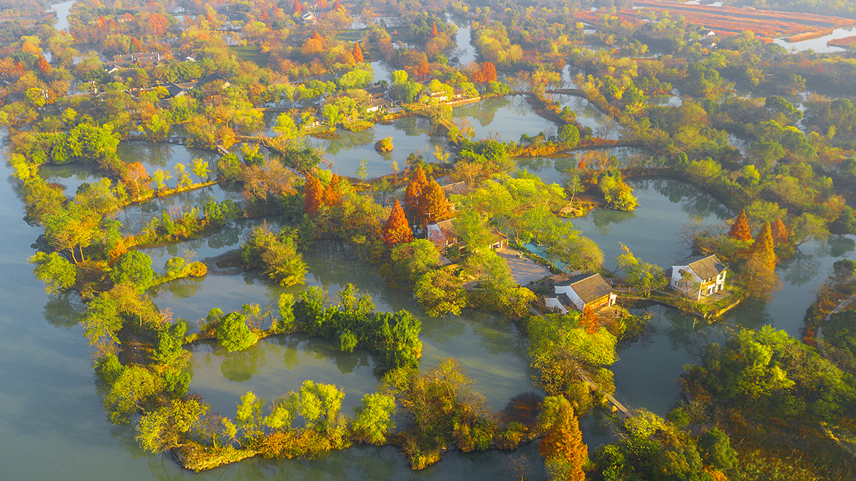 杭州西溪湿地航拍水泊中十里芳菲村落悠然的大隐于市之地