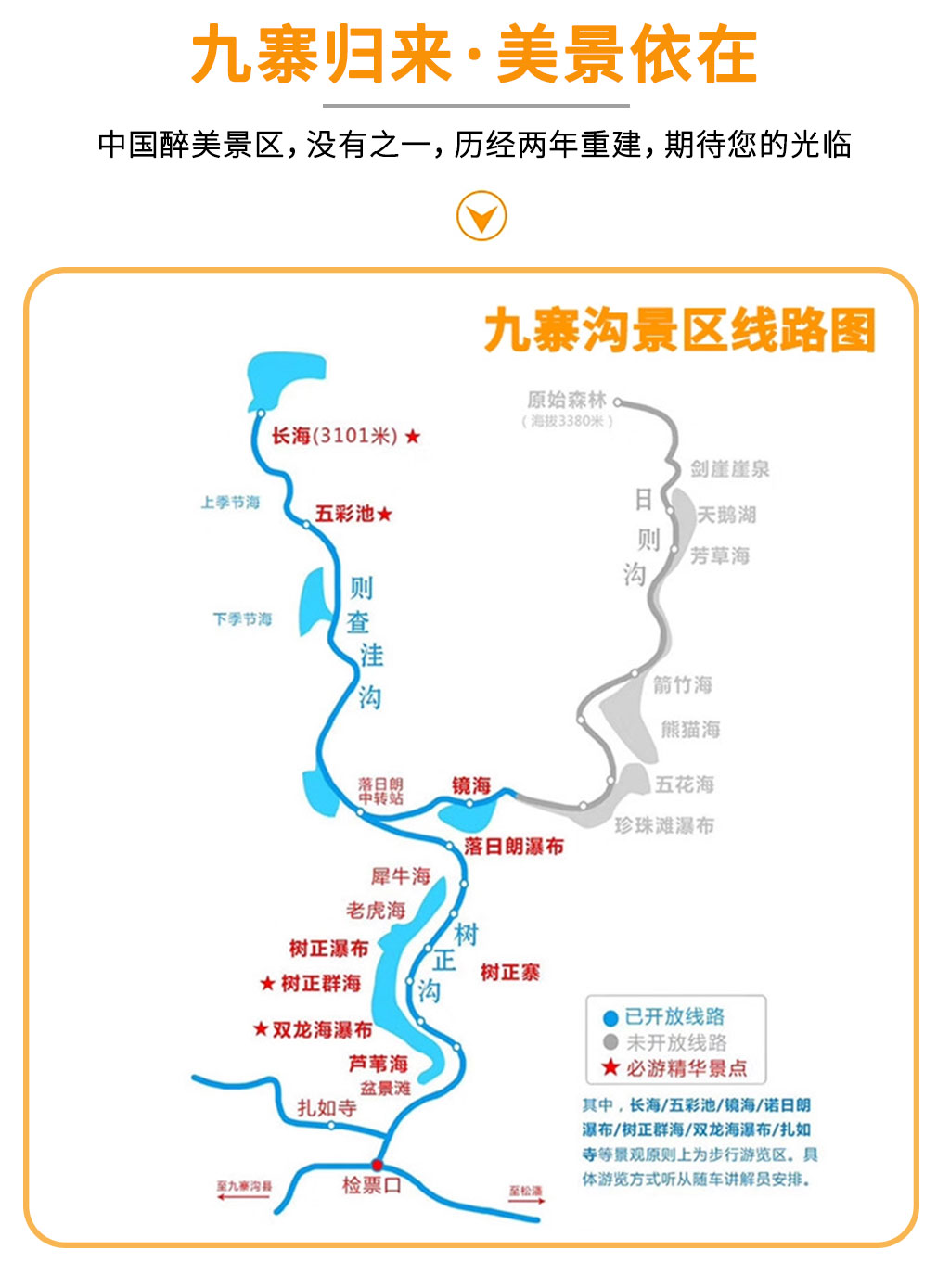 方式和线路以届时景区官方公布为准; ★九寨沟景区门票实行实名制订票