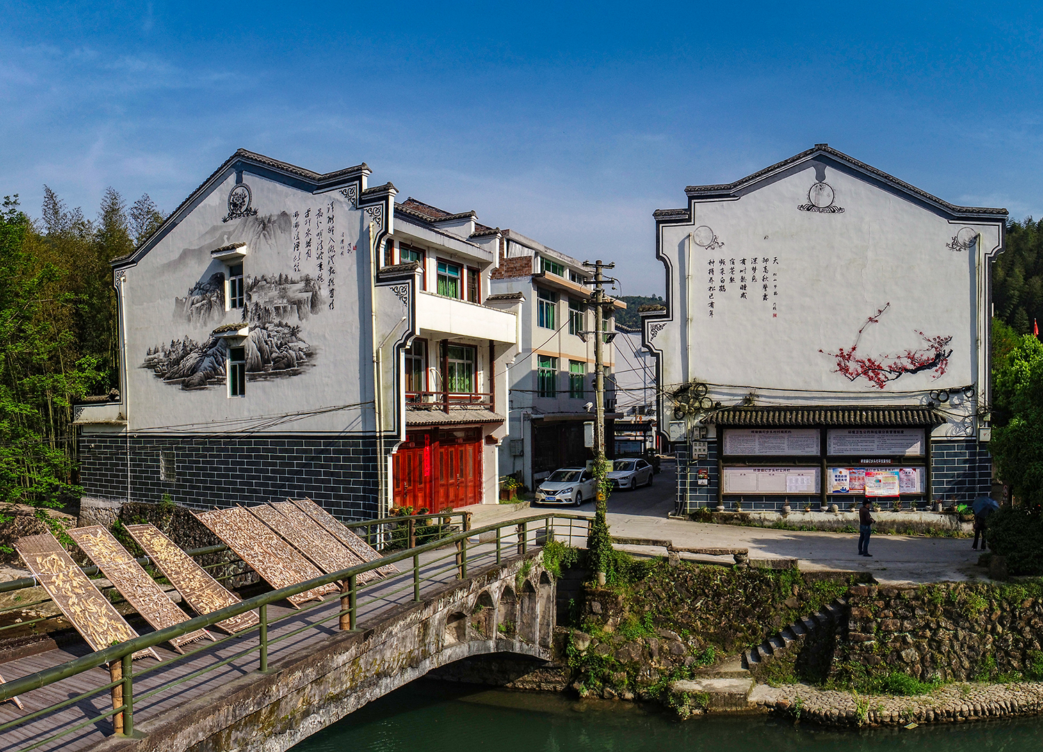 航拍浙江苍南美丽乡村碇步头村碇步桥水清悠悠